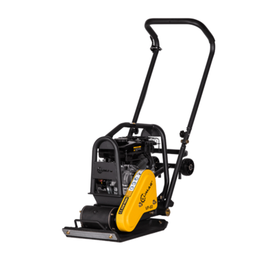 LUMAG VP 60 – Rüttelplatte vorlaufend mit 58 kg inkl. Transportfahrwerk und Gummimatte