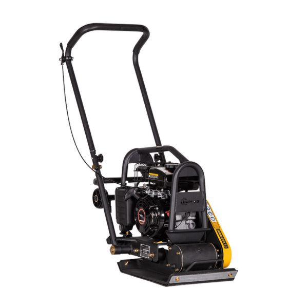 LUMAG VP 60 – Rüttelplatte vorlaufend mit 58 kg inkl. Transportfahrwerk und Gummimatte